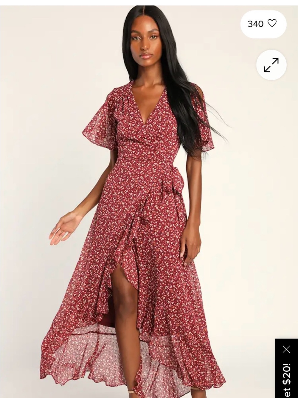 Lulu's Burgundy Floral V-Neck Flutter Sleeve Maxi Dress